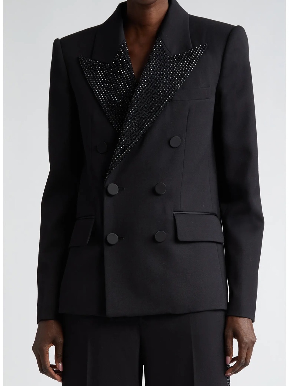 AREA Crystal Embellished Double Breasted Stretch Wool Tuxedo Jacket